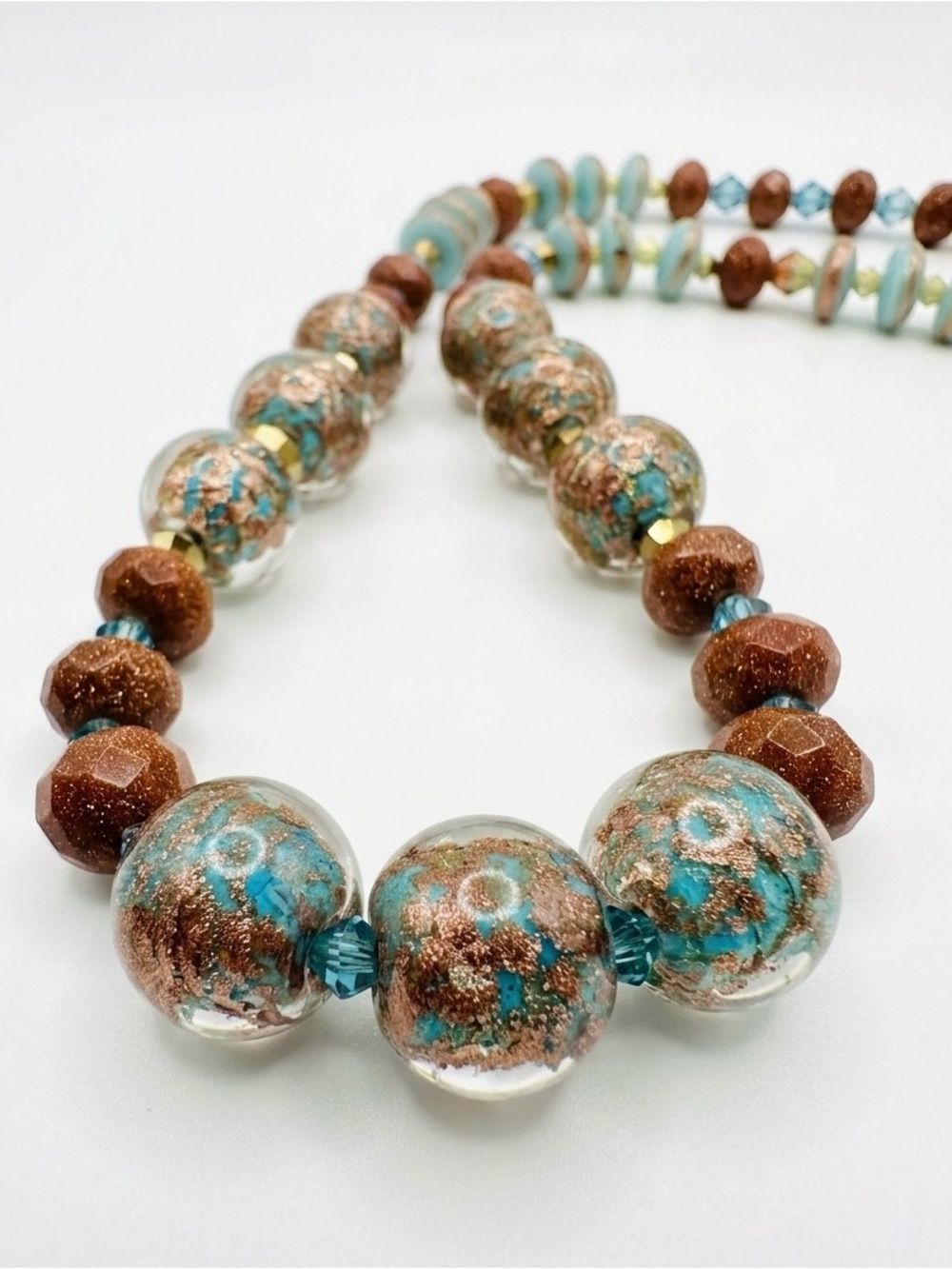 Artisan Murano Aqua Glass Bead & Faceted Goldstone Necklace 14K-GF Clasp 18” L